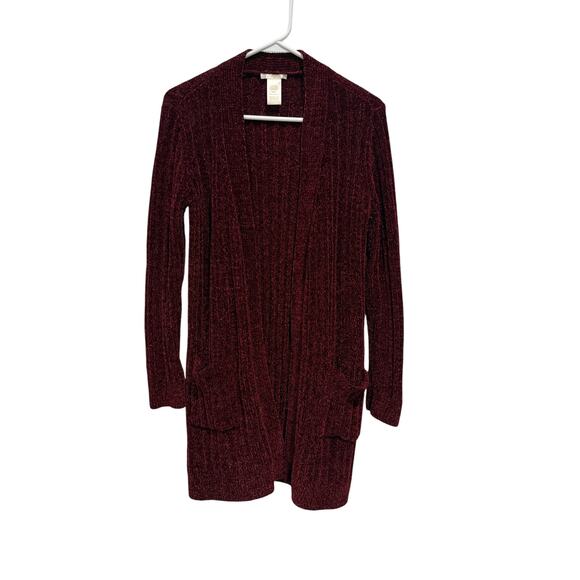 Matty M Womens M Long Sleeve Knit Cardigan Sweater Open Front Mid Length Maroon - Picture 1 of 3